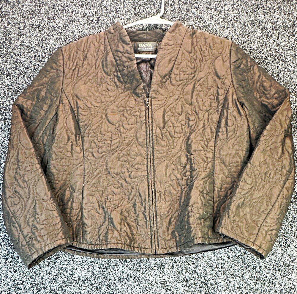 Dana Buchman Jacket Womens 14 Bronze Brown Quilted Floral Scroll Full Zip Lined